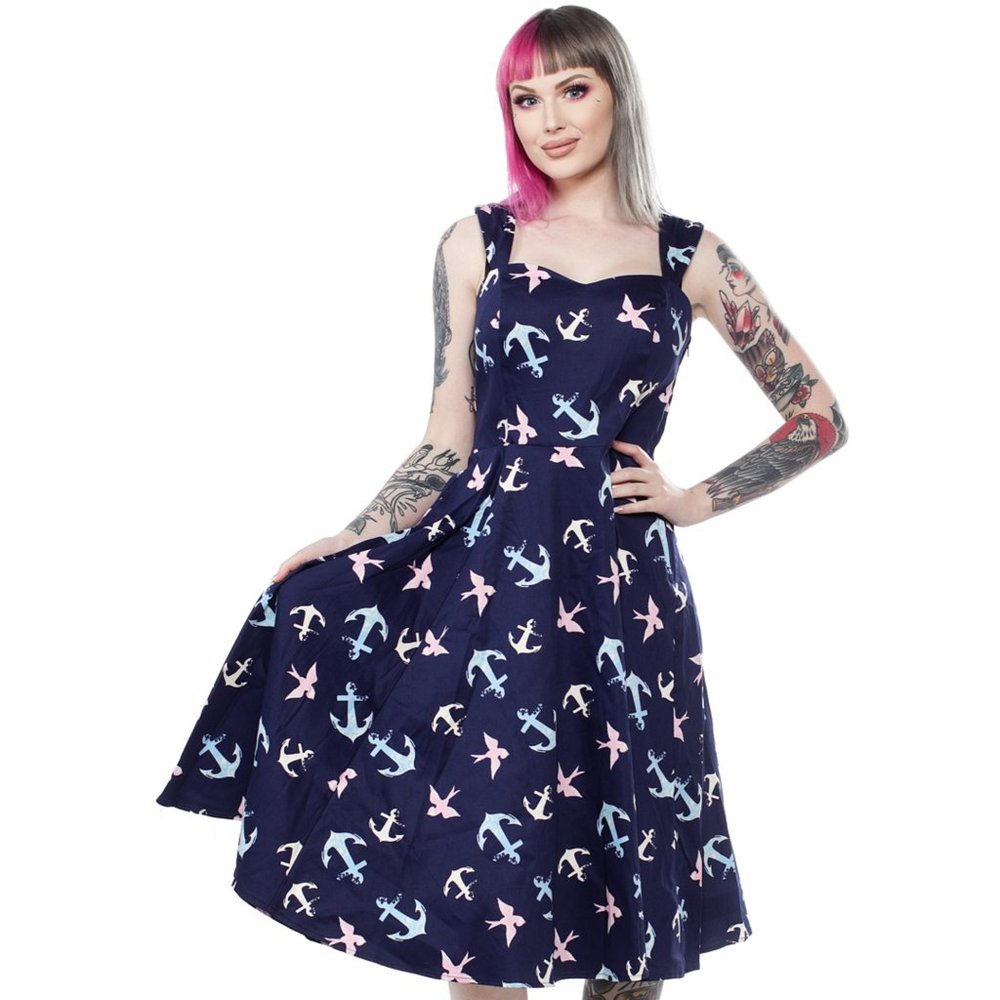 Navy Anchor Print Fit & Flare Dress - Women's Nautical Style